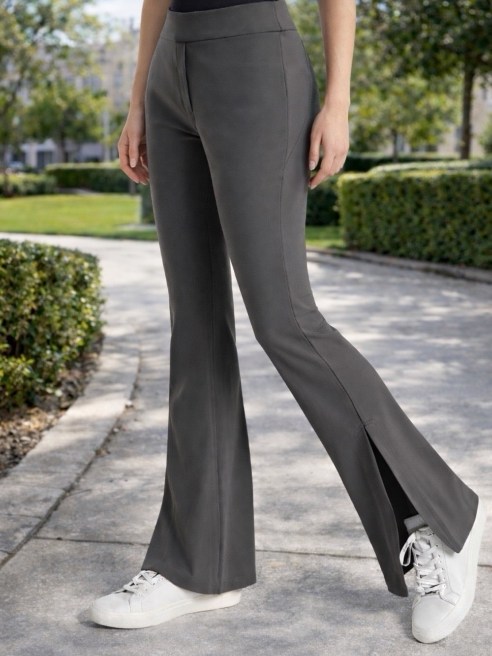 NWOT Athleta Stellar Flare Charcoal Grey Trousers Stretch Fabric Leg Zip 6T Tall